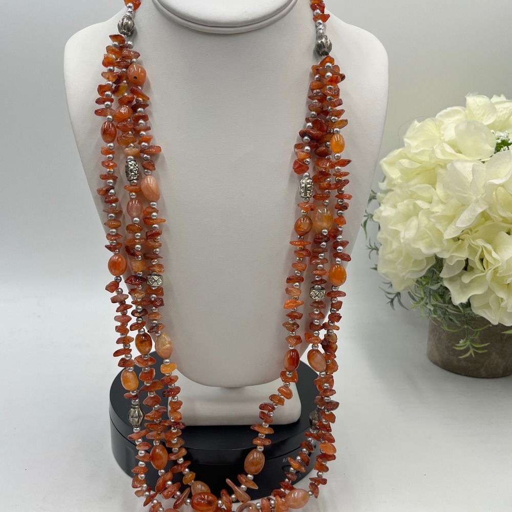 MultiStrand Carnelian Agate Chip Round Orange Red Statement qNecklace‎